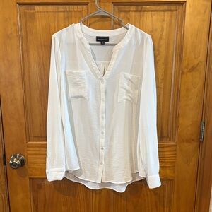 Casual White Split-Neck Button Front Blouse